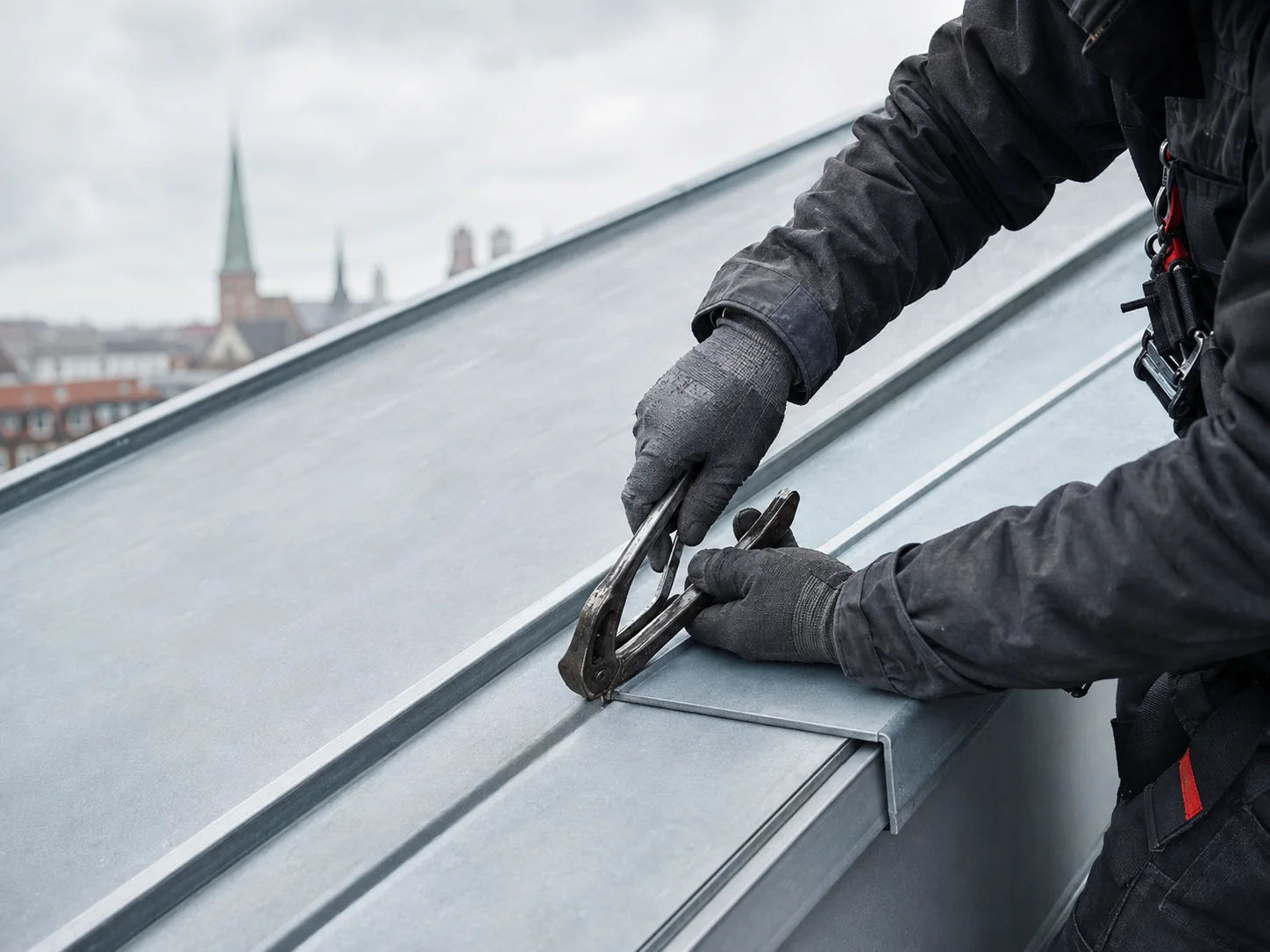 Präzise handwerkliche Arbeit an einer Zink-Stehfalzdeckung – vorläufiges Bildmotiv