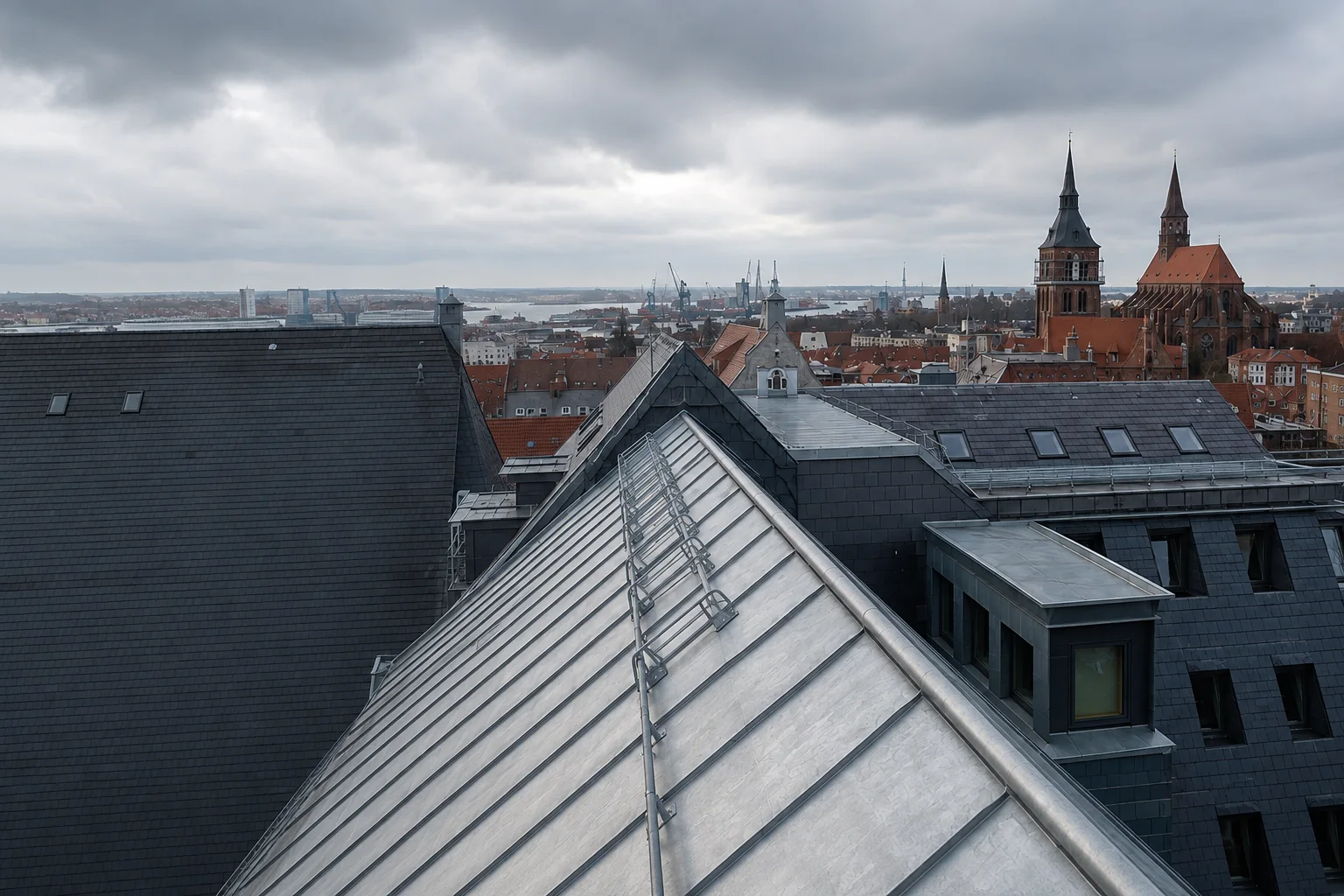 Dachlandschaft und historische Skyline von Rostock unter norddeutschem Himmel